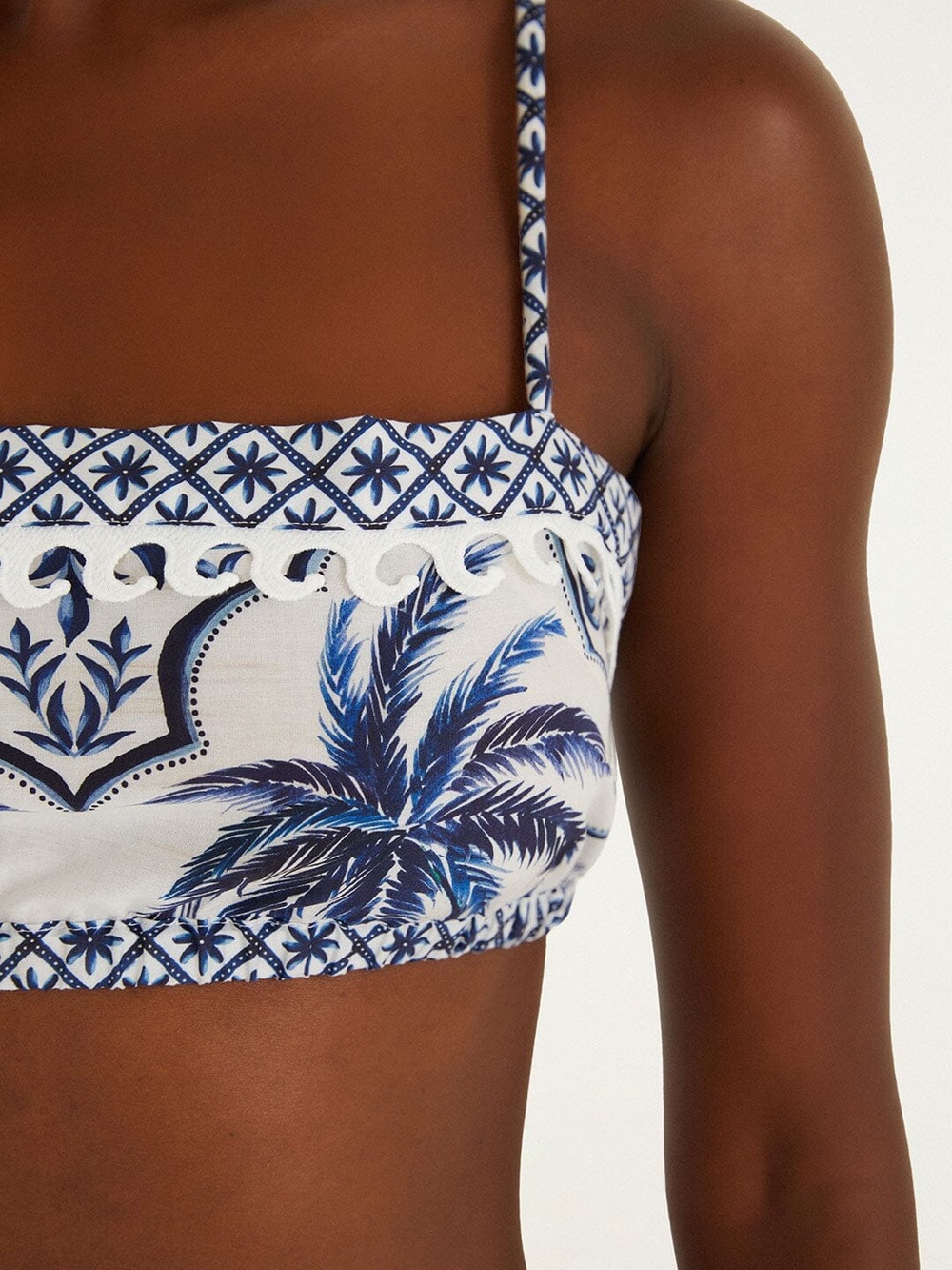 FARM Rio Blue and White Palm-Print Square Neck Crop Top wonderful city - Picture 3 of 4